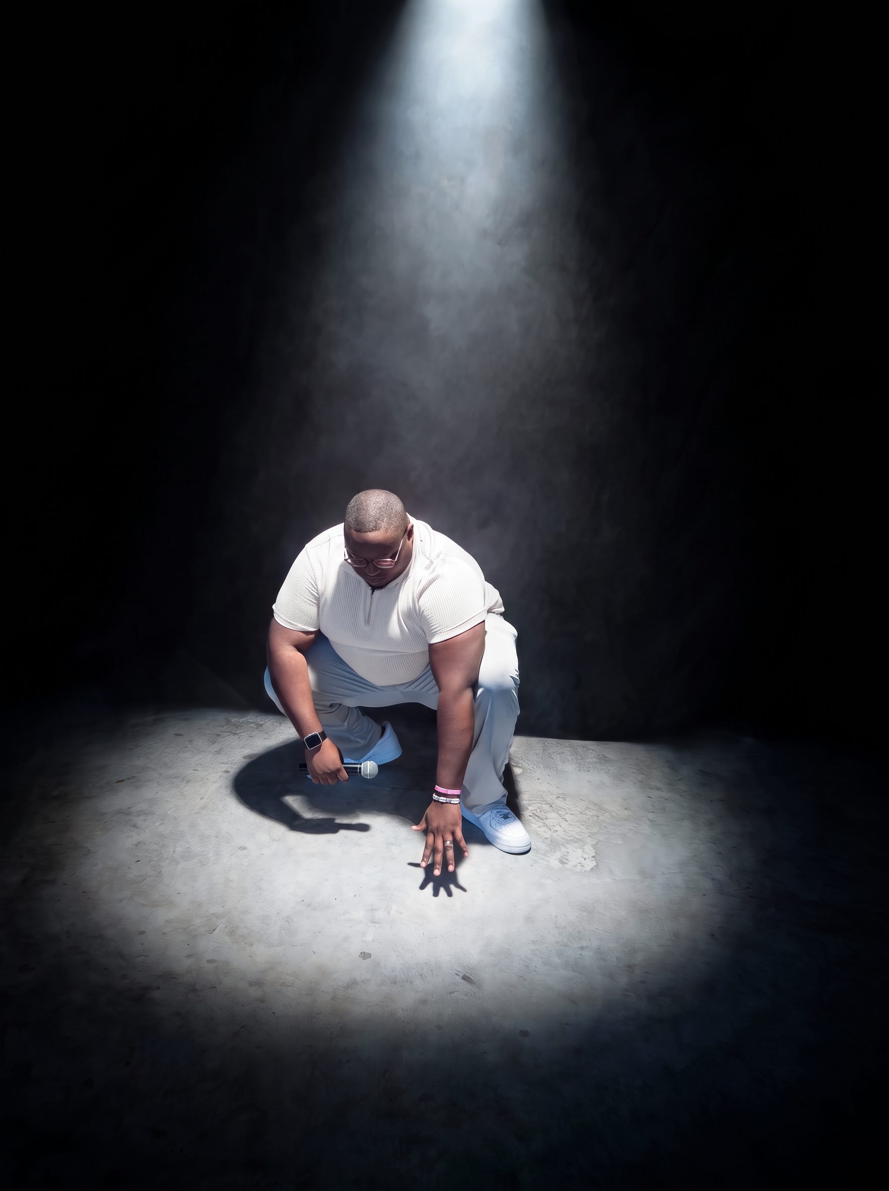 DJ Dough Boyy crouching with a microphone under a spotlight